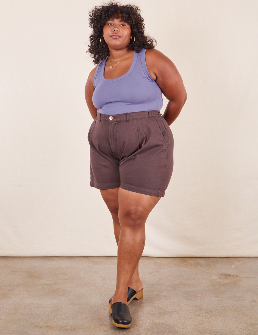 The Tank Top in Faded Grape on Morgan wearing espresso brown Trouser Shorts