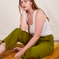 Work Pants in Olive Green on Allison wearing vintage off-white Tank Top