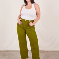 Work Pants in Olive Green on Faye wearing vintage off-white Tank Top