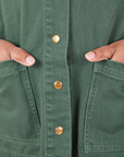 Denim Work Jacket in Dark Emerald Green brass sun baby button close up