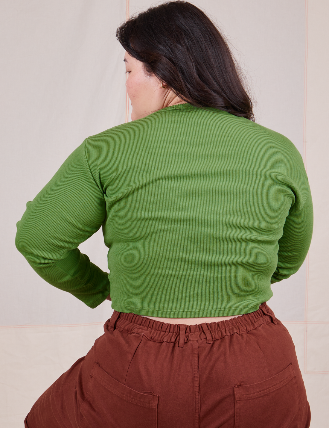 Long Sleeve V-Neck Tee in Bright Olive back view on Ashley