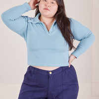 Long Sleeve Fisherman Polo in Baby Blue on Ashley wearing navy blue Work Pants