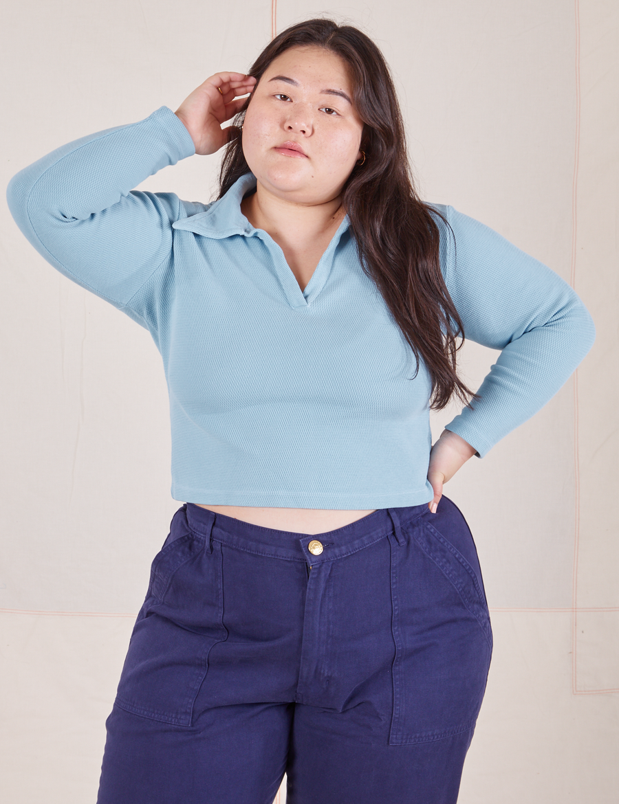 Long Sleeve Fisherman Polo in Baby Blue on Ashley wearing navy blue Work Pants