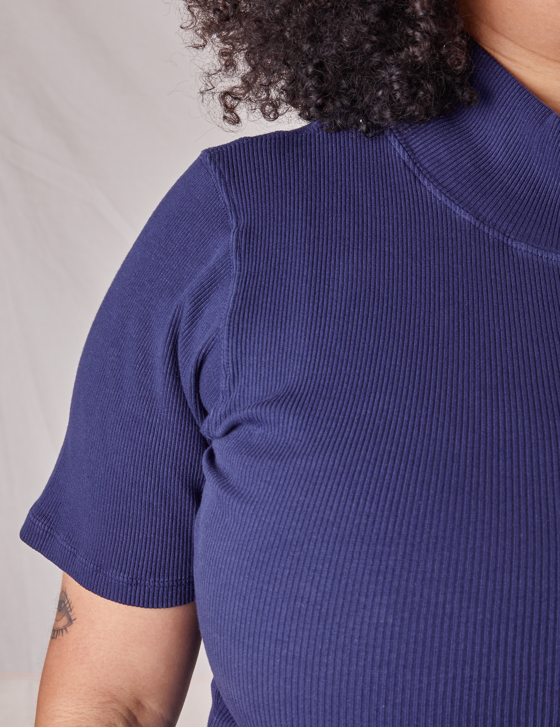 1/2 Sleeve Essential Turtleneck in Navy Blue front close up on Lana