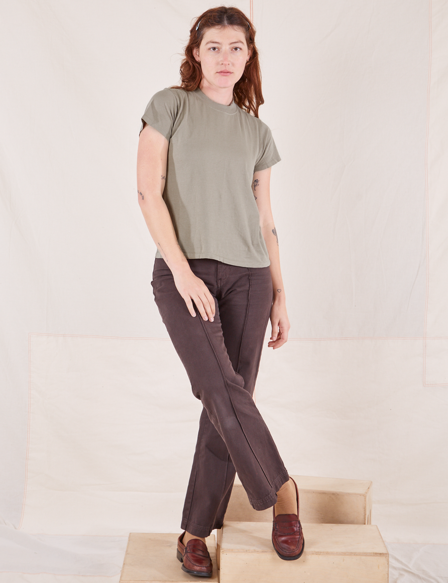 The Organic Vintage Tee in Khaki Grey on Alex wearing espresso brown Western Pants
