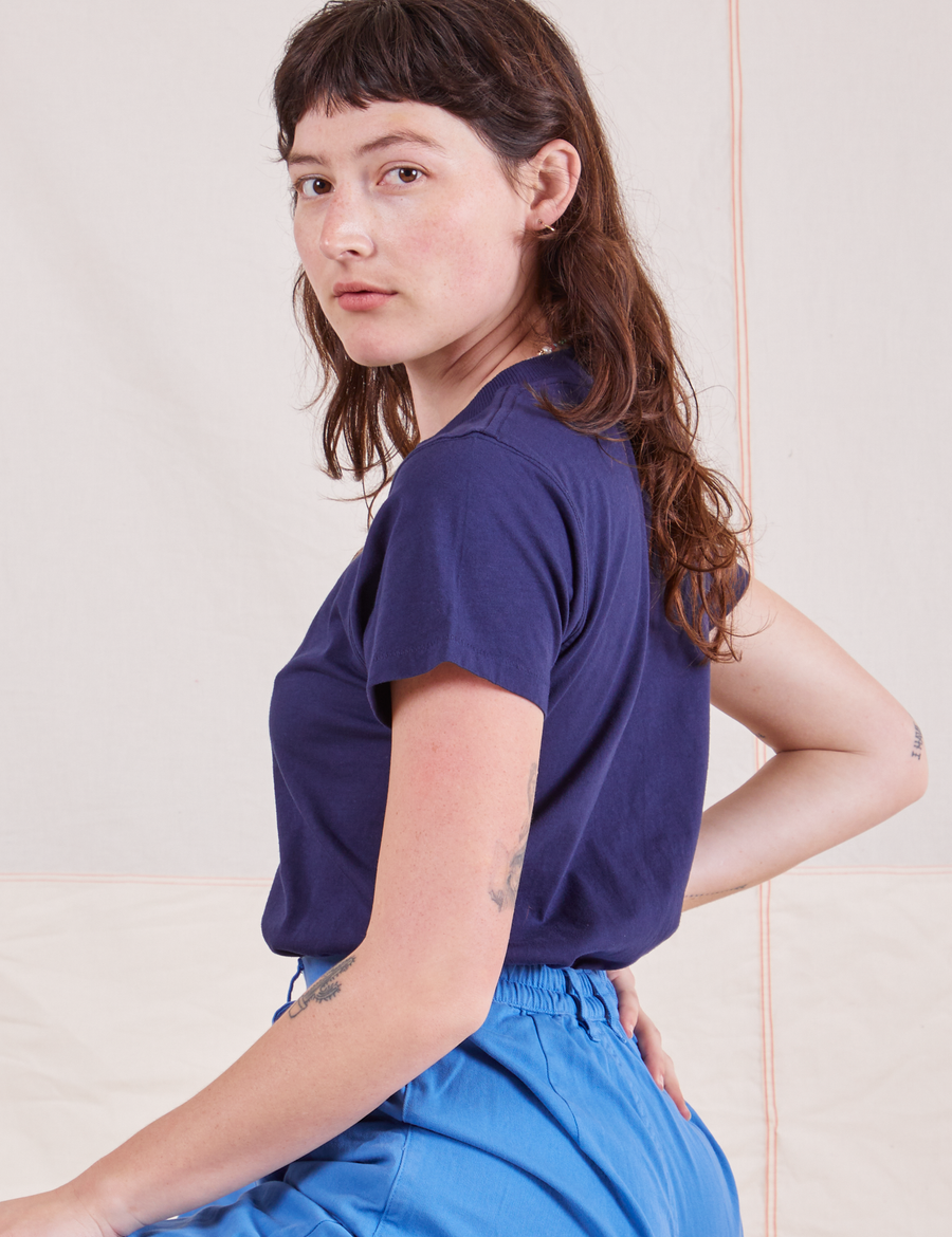 Side view of Organic Vintage Tee in Navy Blue worn by Alex