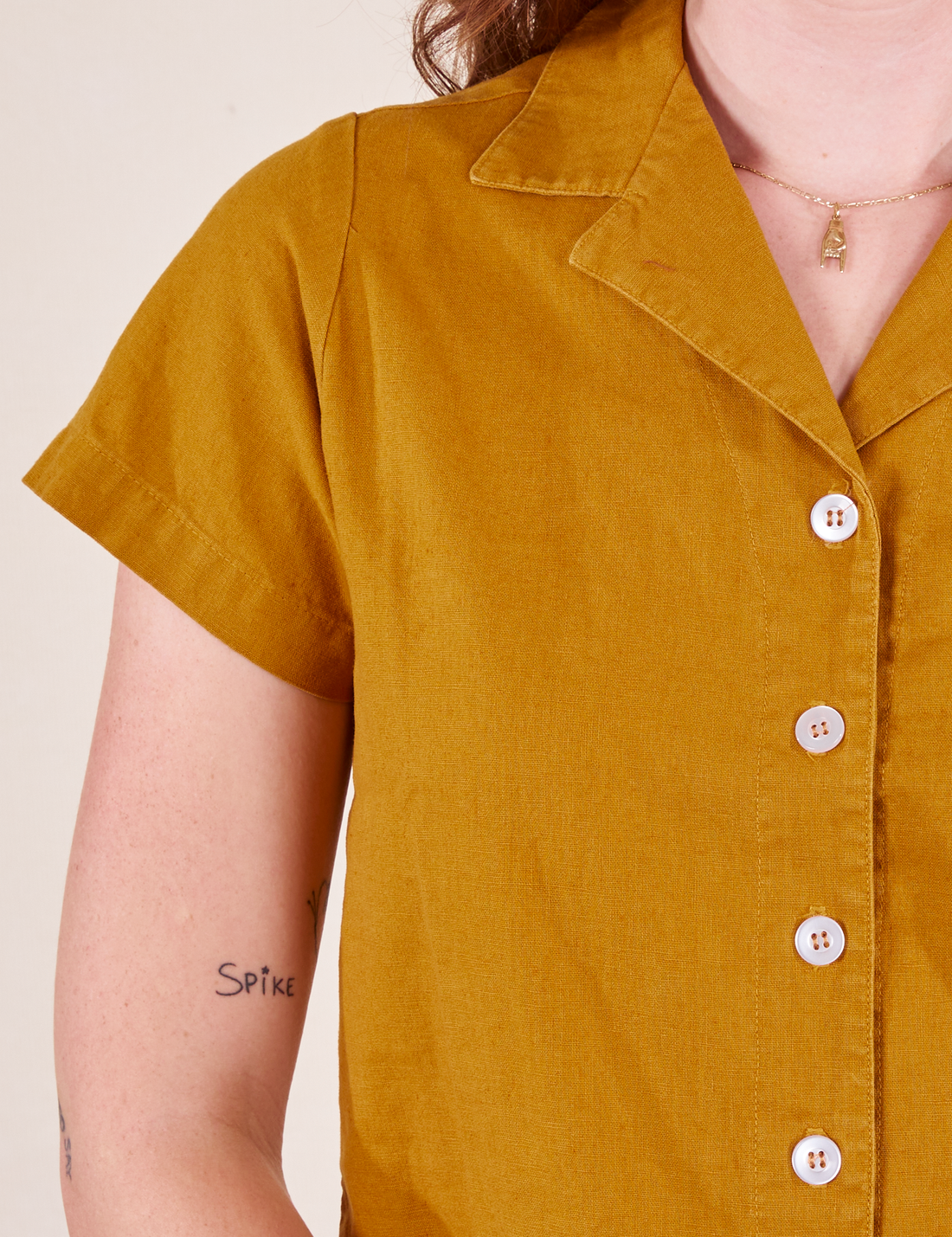 Pantry Button-Up in Spicy Mustard front close up on Alex