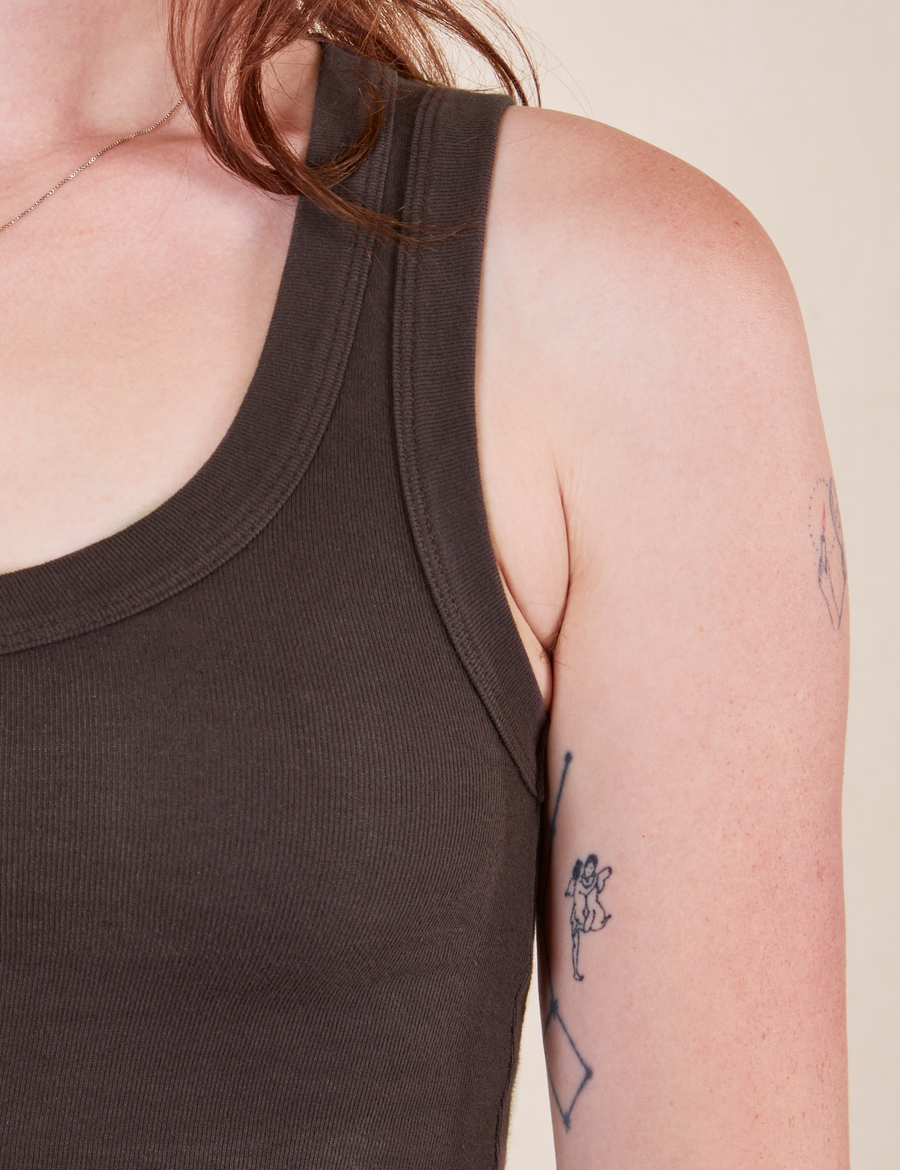 The Tank Top in Espresso Brown close up on Alex