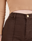 Front close up of Western Pants in Espresso Brown worn by Alex