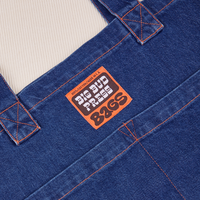 Denim Everyday Tote Bag in Dark Wash close up with brown and orange Big Bud Press label