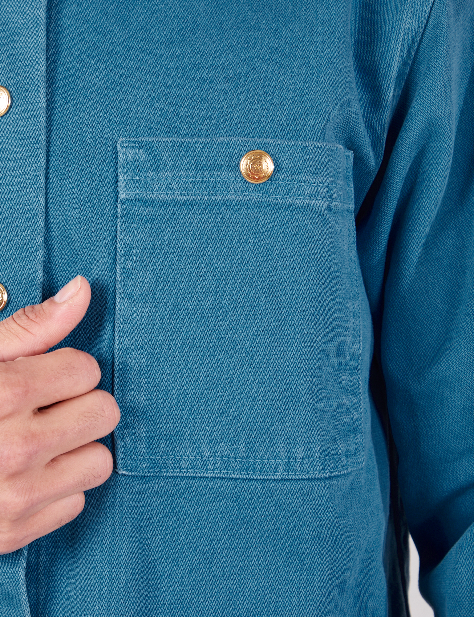 Denim Work Jacket in Marine Blue front pocket close up