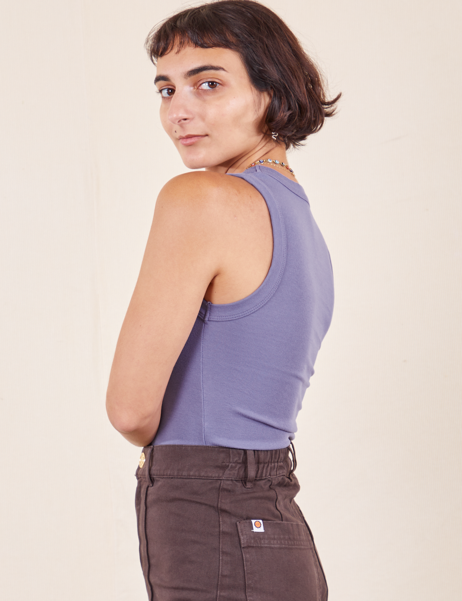 The Tank Top in Faded Grape side view on Soraya wearing espresso brown petite Western Pants