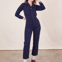 Alex is 5'8" and wearing XS Everyday Jumpsuit in Navy Blue