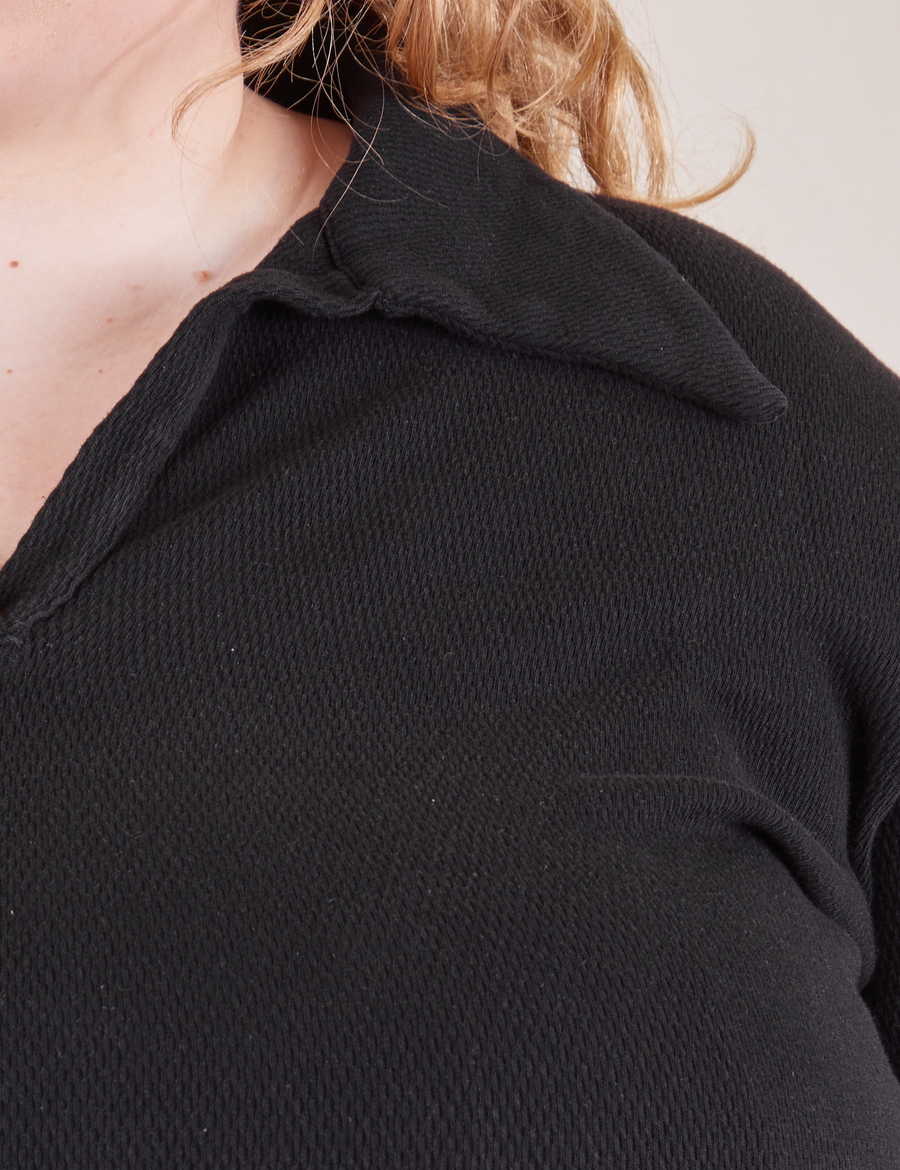Long Sleeve Fisherman Polo in Basic Black front close up on Catie