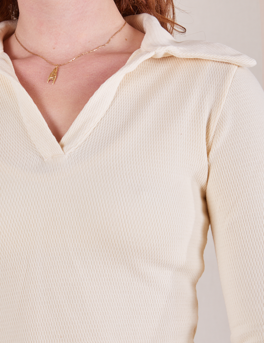 Long Sleeve Fisherman Polo in Vintage Tee Off-White front close up on Alex