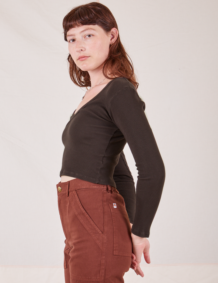 Side view of Long Sleeve V-Neck Tee in Espresso Brown worn by Alex
