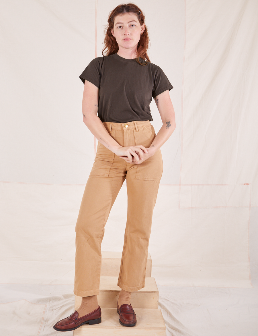 Alex is wearing P Organic Vintage Tee in Espresso Brown paired with tan Work Pants