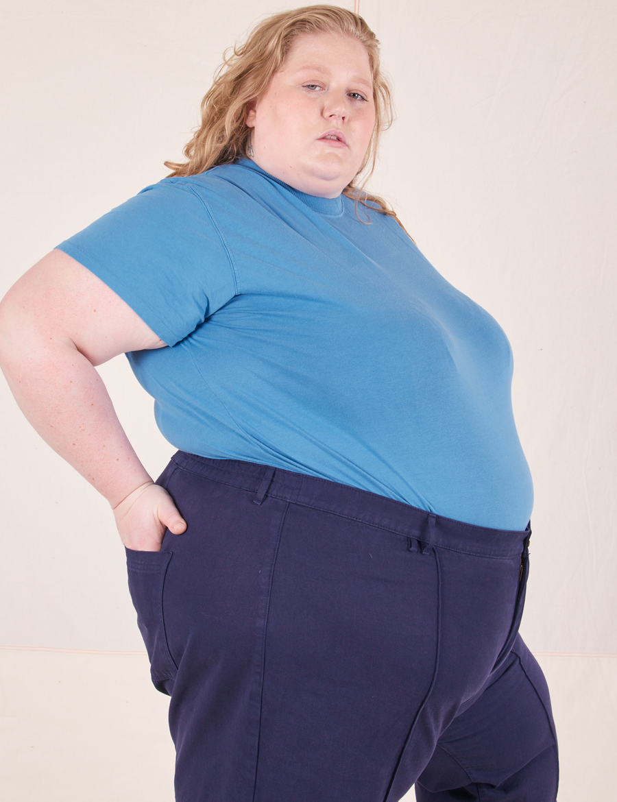 The Organic Vintage Tee in Greek Blue side view on Catie wearing navy Western Pants