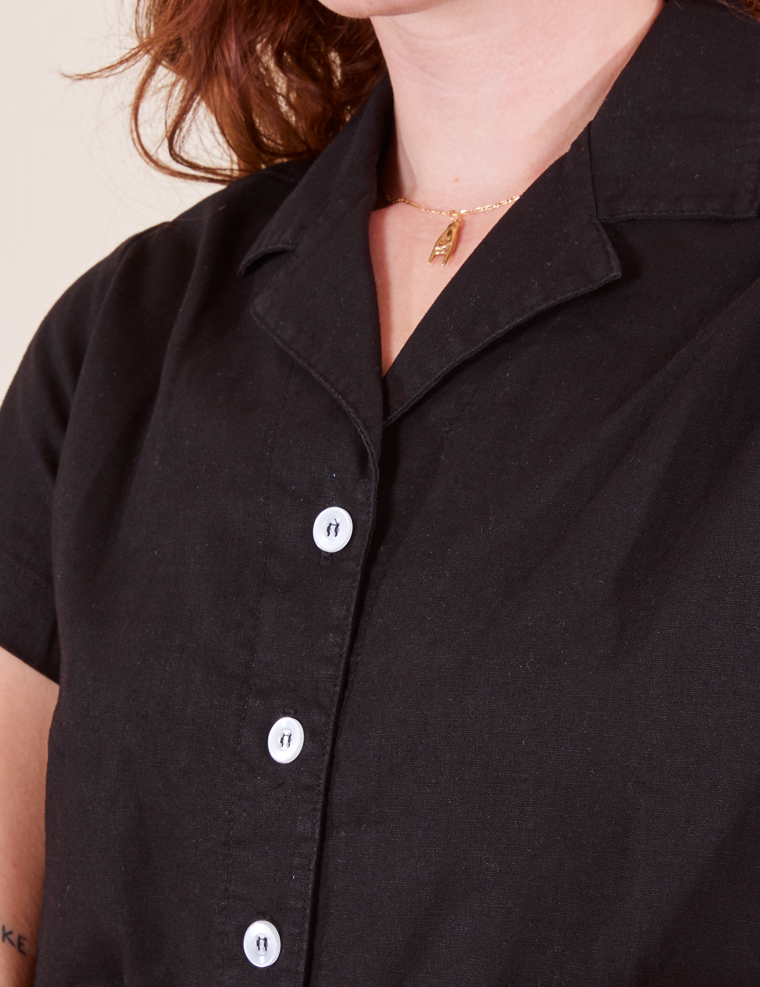 Front close up of Pantry Button-Up in Basic Black worn by Alex