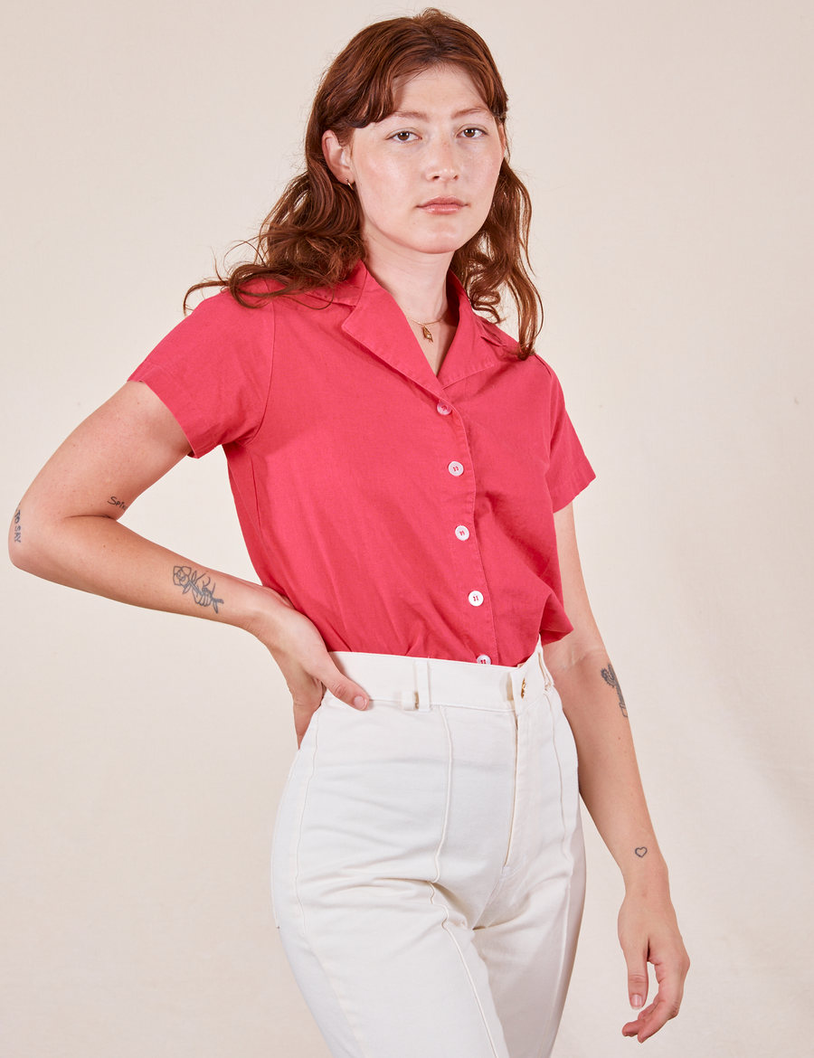 Pantry Button-Up in Hot Pink on Alex wearing vintage off-white Western Pants