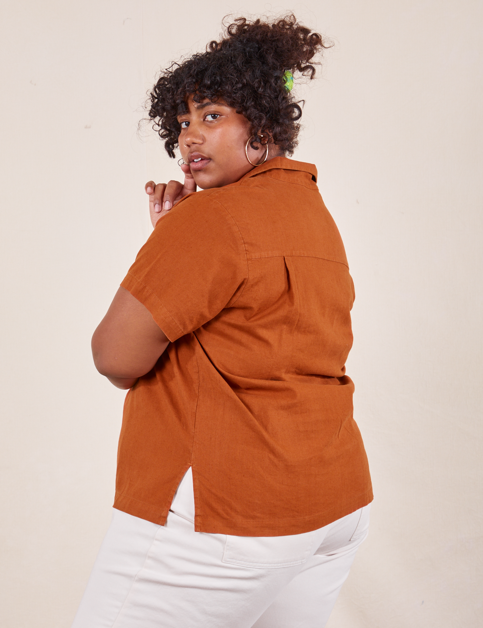 Side view of Pantry Button-Up in Burnt Terracotta worn by Morgan