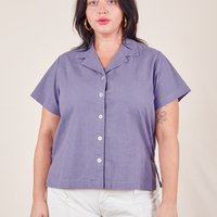 Pantry Button-Up in Faded Grape on Faye wearing vintage off-white Western Pants