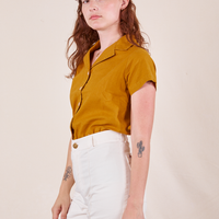 Pantry Button-Up in Spicy Mustard side view on Alex wearing vintage off-white Western Pants