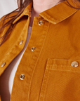 Front close up of Denim Work Jacket in Spicy Mustard on Allison
