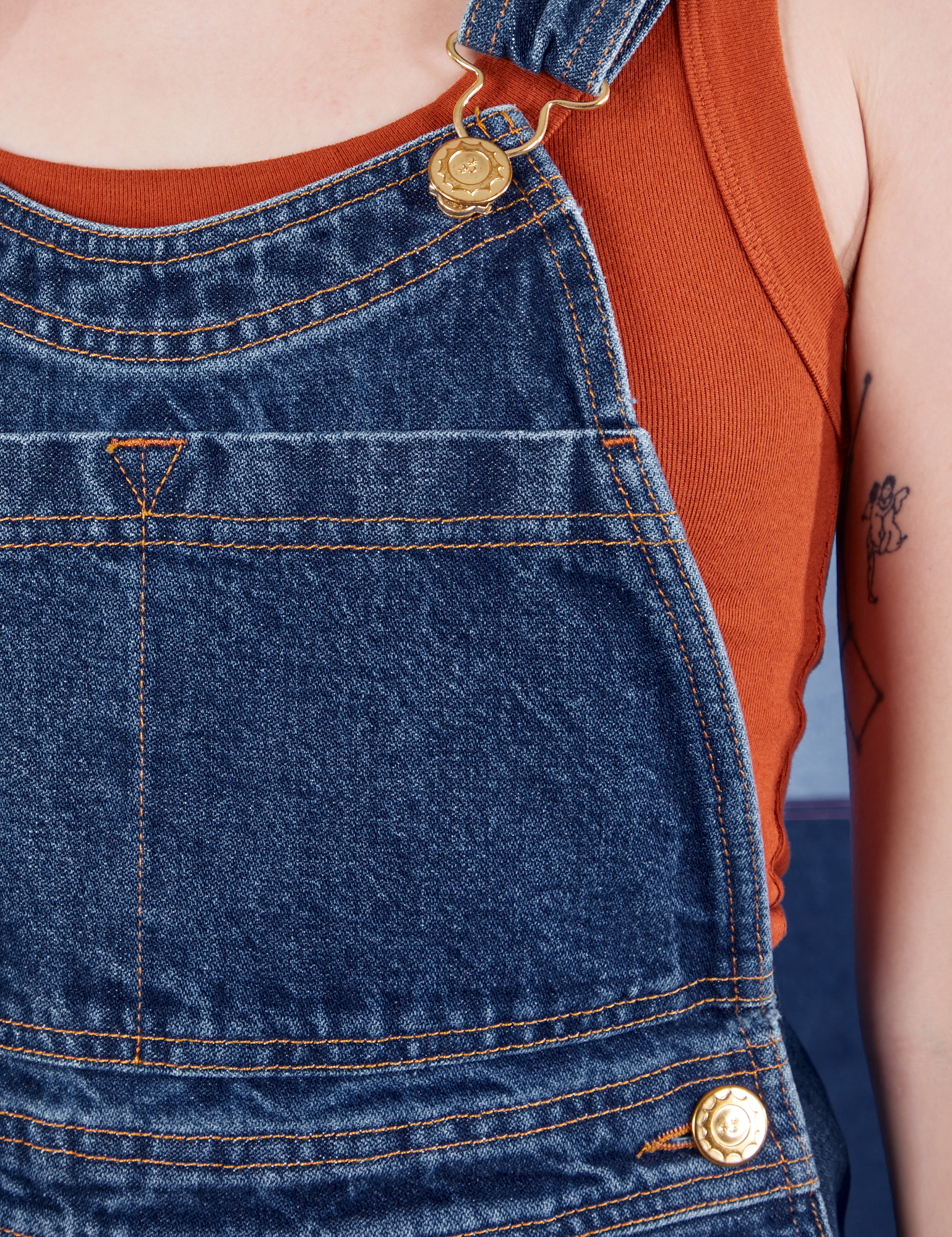 Indigo Denim Original Overalls in Dark Wash front close up on Alex