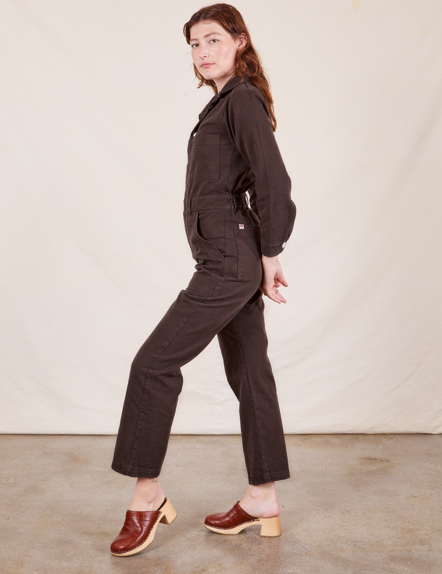 Side view of Everyday Jumpsuit in Espresso Brown worn by Alex