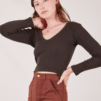Long Sleeve V-Neck Tee in Espresso Brown on Alex