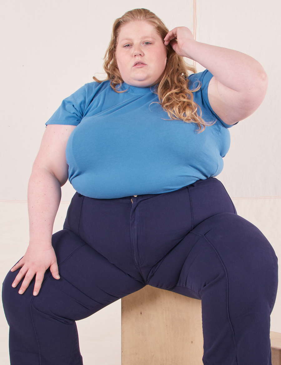 The Organic Vintage Tee in Greek Blue on Catie wearing navy Western Pants