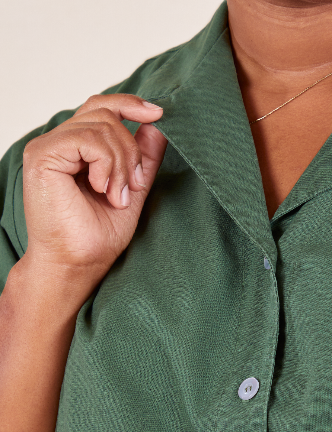 Pantry Button-Up in Dark Emerald Green collar close up on Morgan