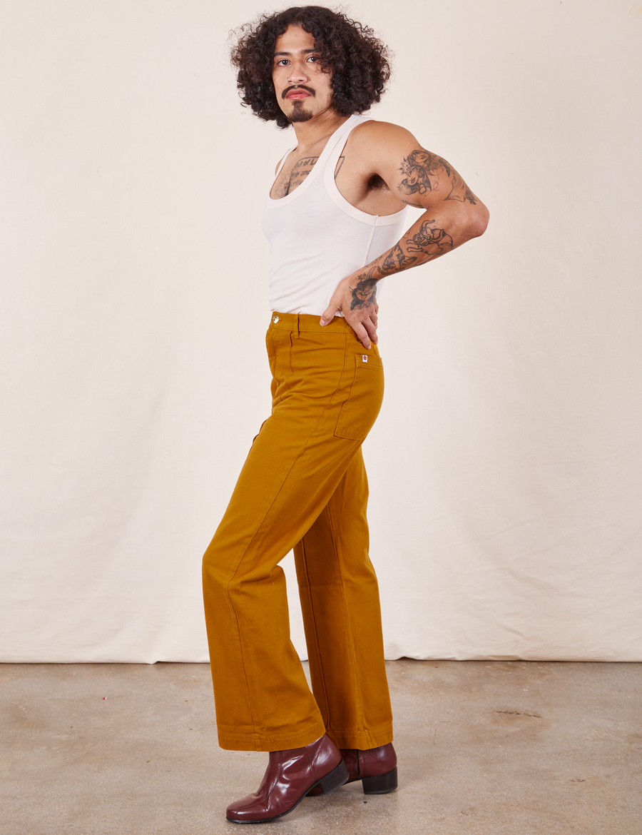 Western Pants in Spicy Mustard side view on Jesse wearing vintage off-white Tank Top
