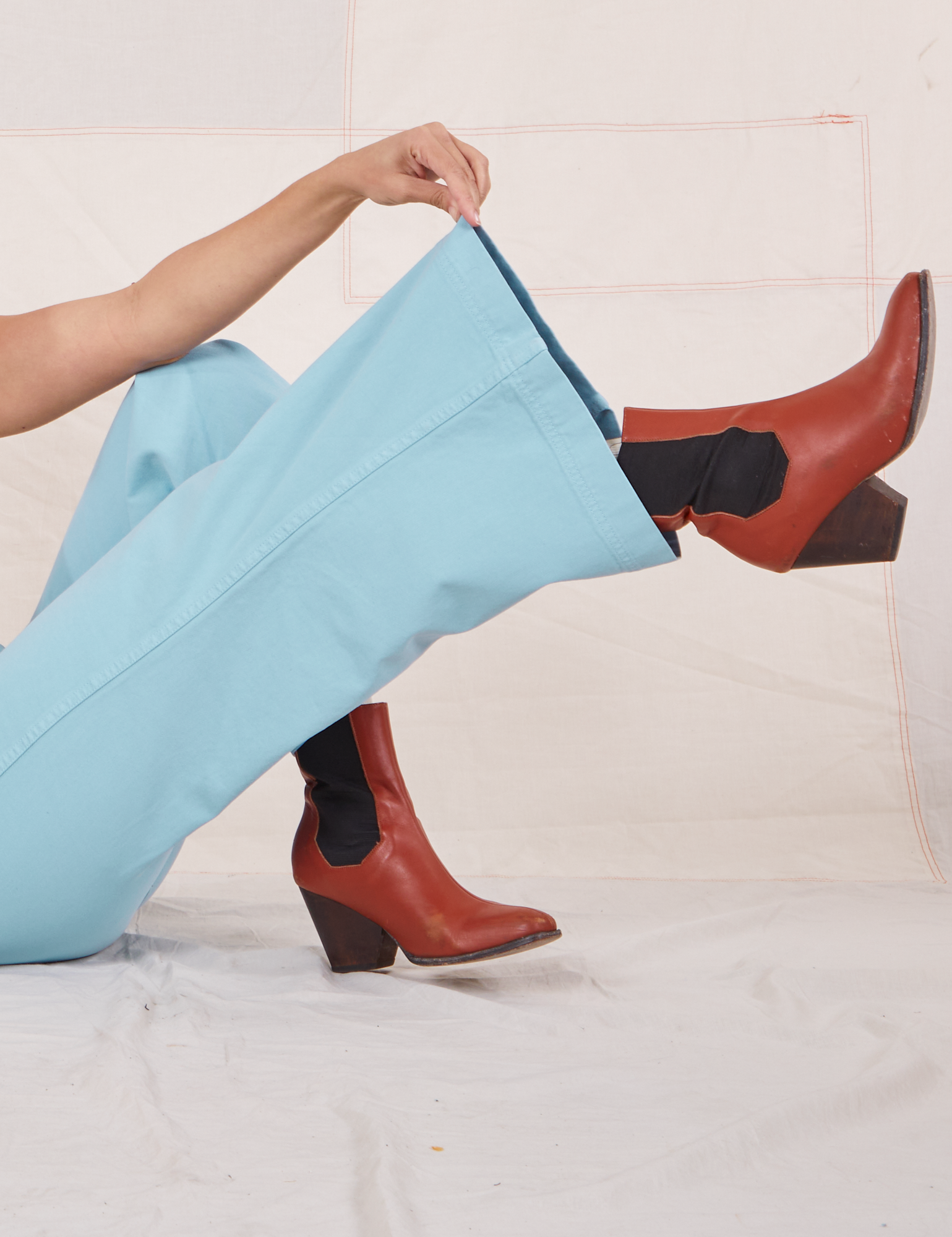 Bell Bottoms in Baby Blue side view pant leg close up