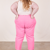 Work Pants in Bubblegum Pink back view on Catie wearing vintage off-white Tank Top