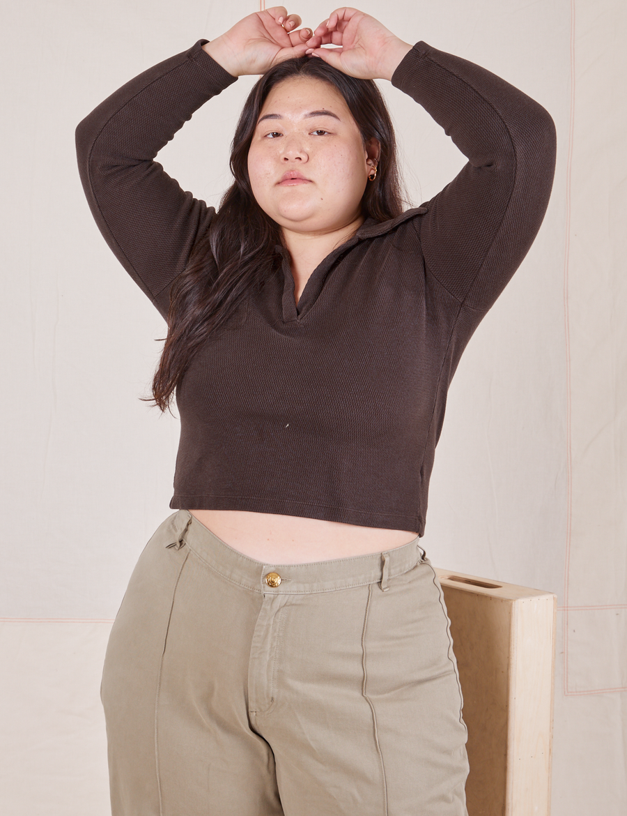 Ashley is wearing size L Long Sleeve Fisherman Polo in Espresso Brown