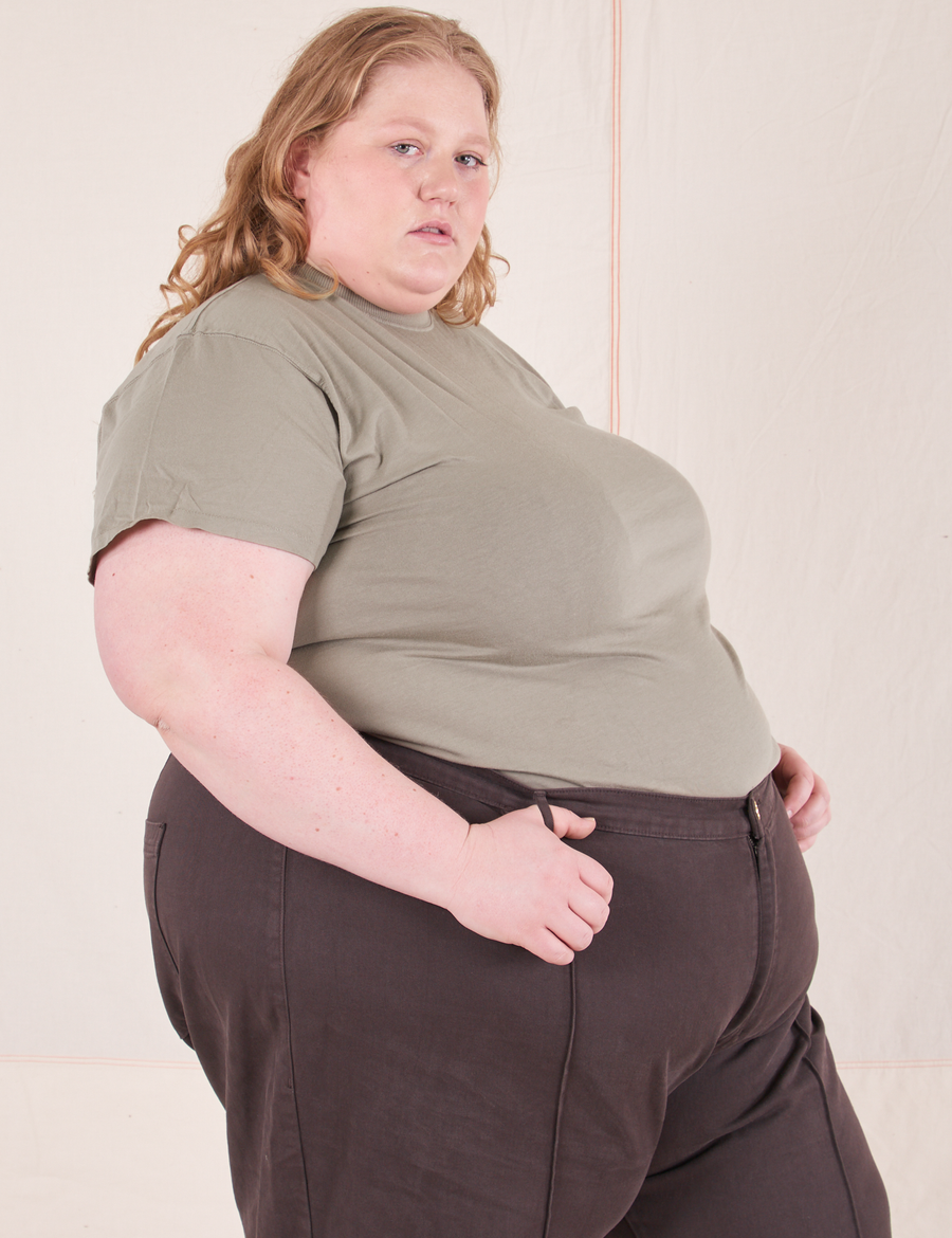 The Organic Vintage Tee in Khaki Grey side view on Catie wearing espresso brown Western Pants