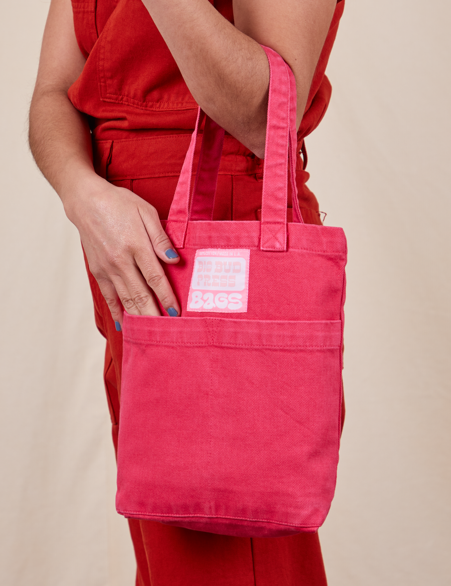 Mini Tote Bags in Hot Pink on model