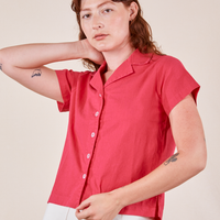 Pantry Button-Up in Hot Pink on Alex wearing vintage off-white Western Pants