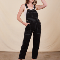 Alex is 5'8"and wearing P Original Overalls in Basic Black