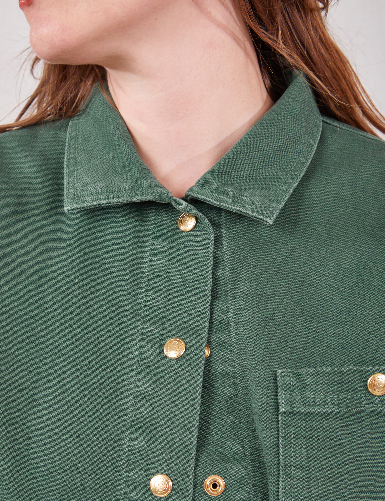 Front close up of Denim Work Jacket in Dark Green Emerald on Allison