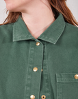 Front close up of Denim Work Jacket in Dark Green Emerald on Allison