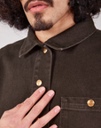Front close up of Denim Work Jacket in Espresso Brown on Jesse