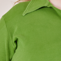 Long Sleeve Fisherman Polo in Bright Olive front close up on Catie