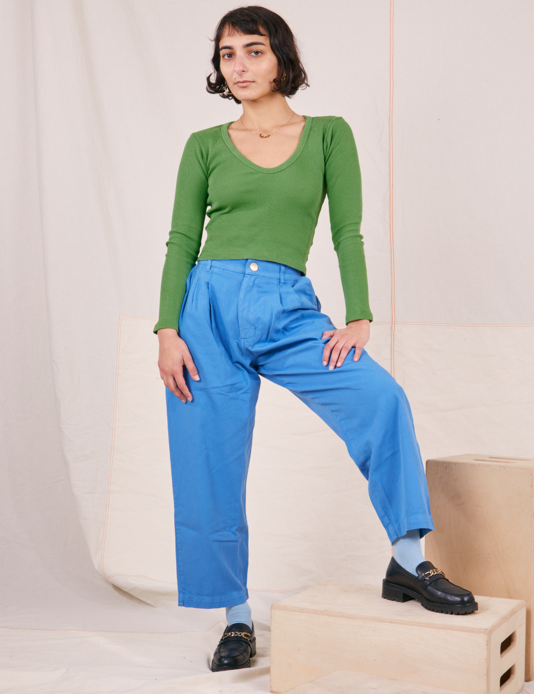 Long Sleeve V-Neck Tee in Bright Olive on Soraya