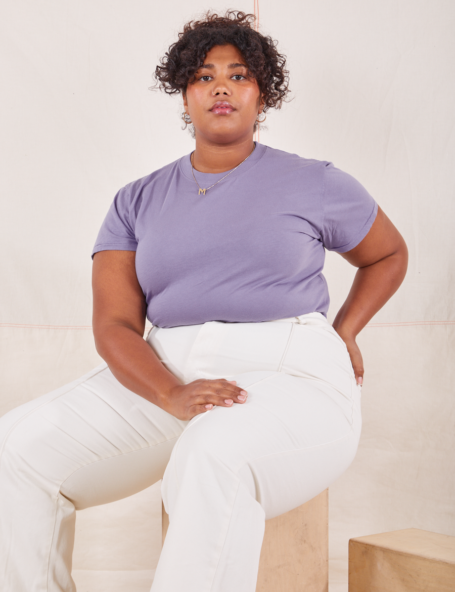 The Organic Vintage Tee in Faded Grape on Morgan wearing vintage off-white Western Pants
