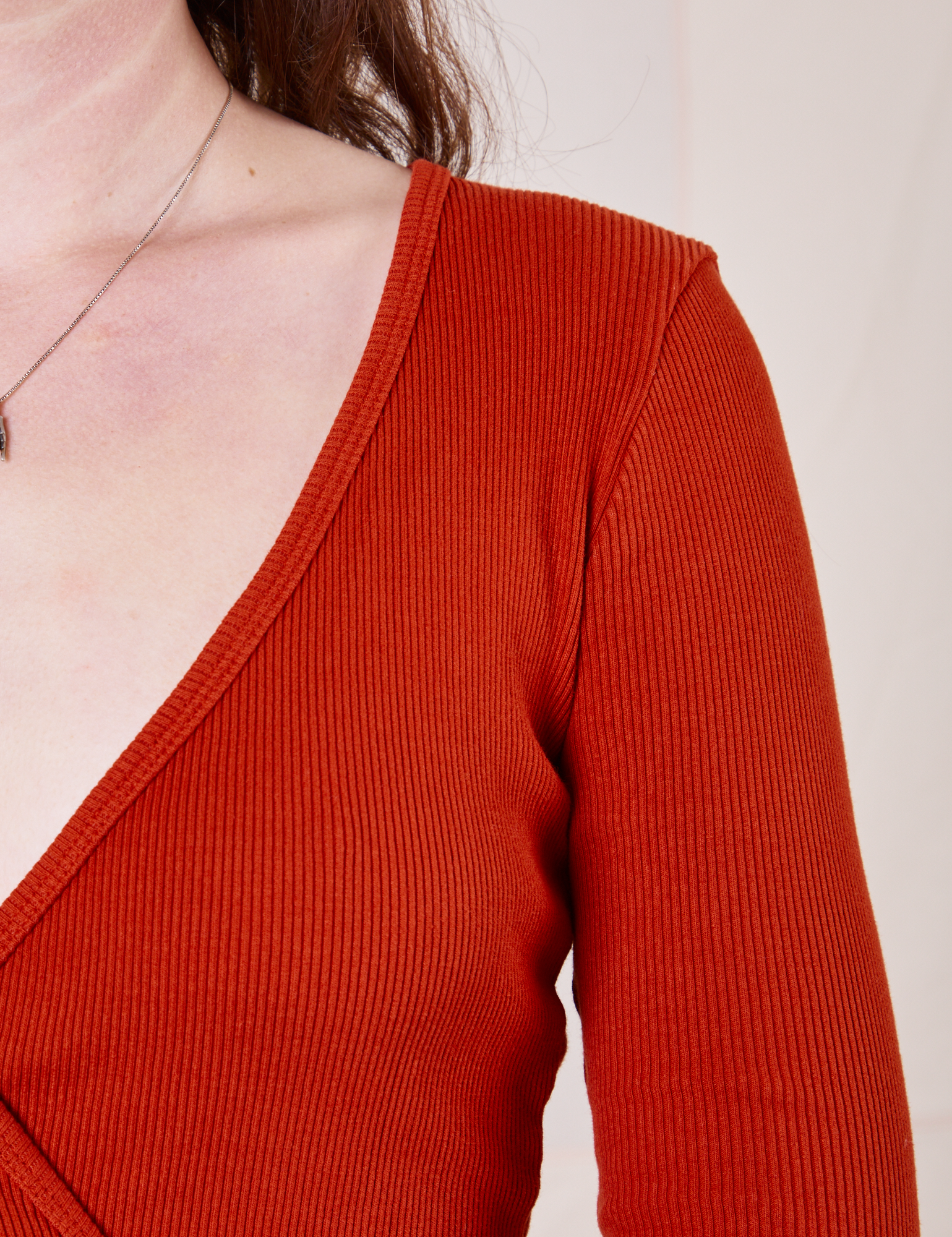 Wrap Top in Paprika front close up on Alex