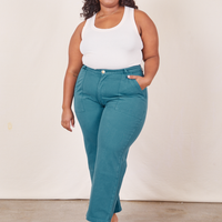 Morgan is 5'5" and wearing size 1XL Work Pants in Marine Blue paired with vintage off-white Tank Top