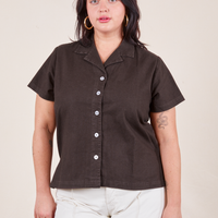 Pantry Button-Up in Espresso Brown on Faye wearing vintage off-white Western Pants